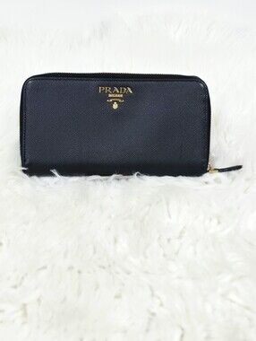 Prada Saffiano Leather Zip Around Wallet Black Gold Logo Made in Italy Authentic